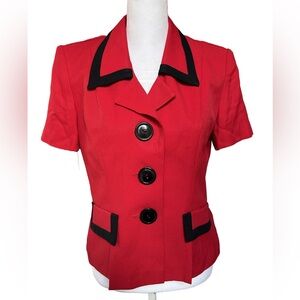VNT 80s career bold red short sleeve shoulder pads black trim peplum blazer XS